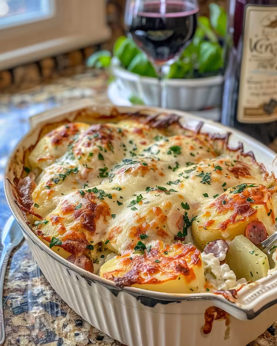 Plate of cheesy kielbasa potato casserole with golden crust ready to serve