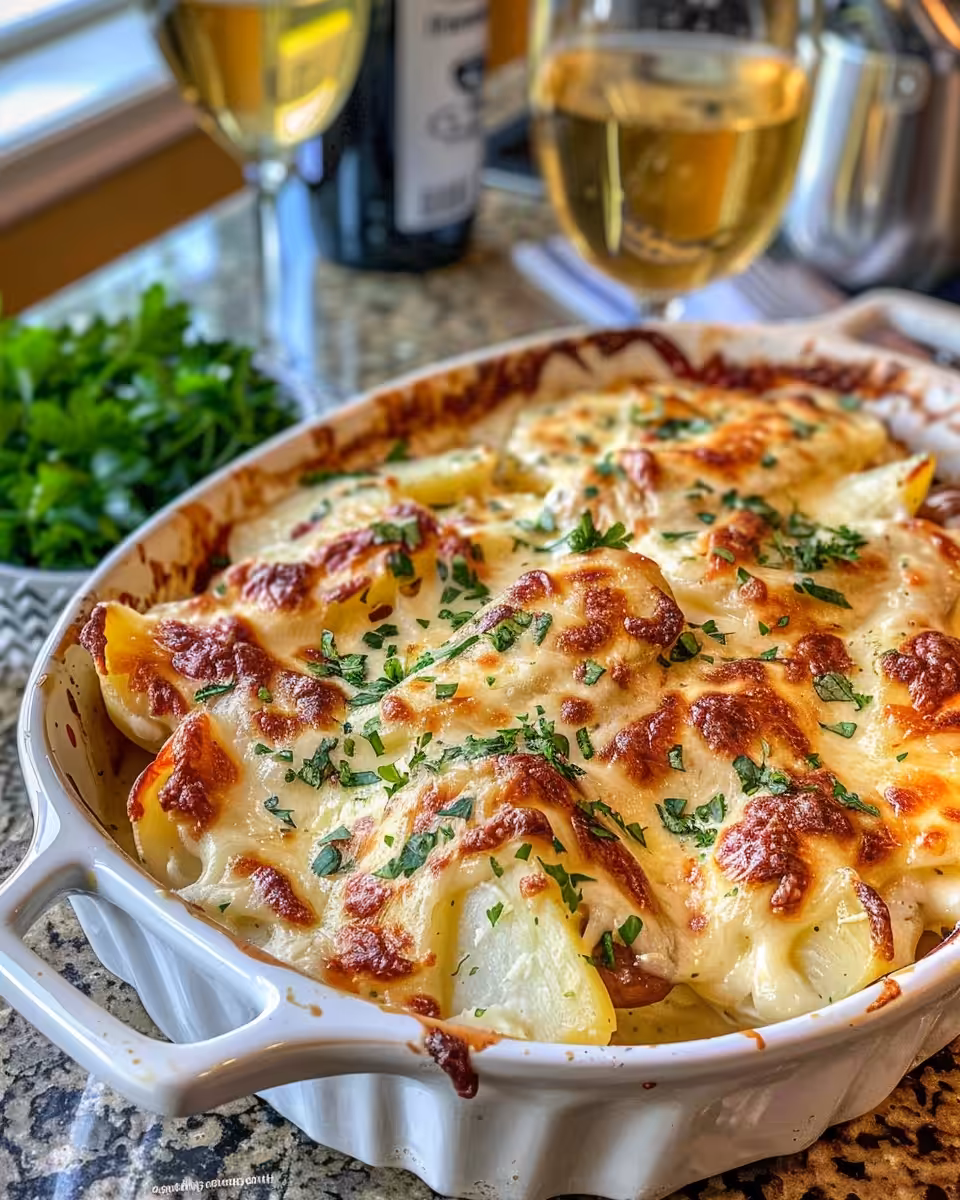 Cheesy kielbasa potato casserole fresh out of the pressure cooker