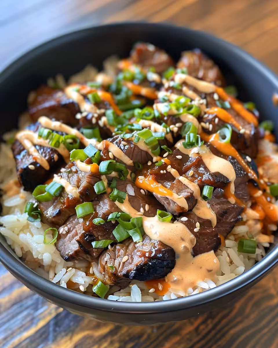 Ingredients including flank steak and spicy cream sauce for Korean BBQ rice bowls