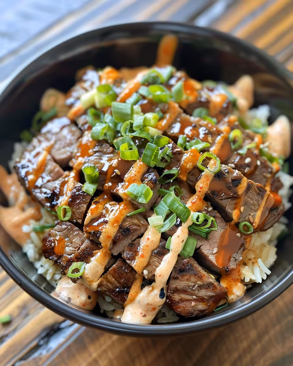 Final Korean BBQ Steak Rice Bowls served with spicy cream sauce and garnishes