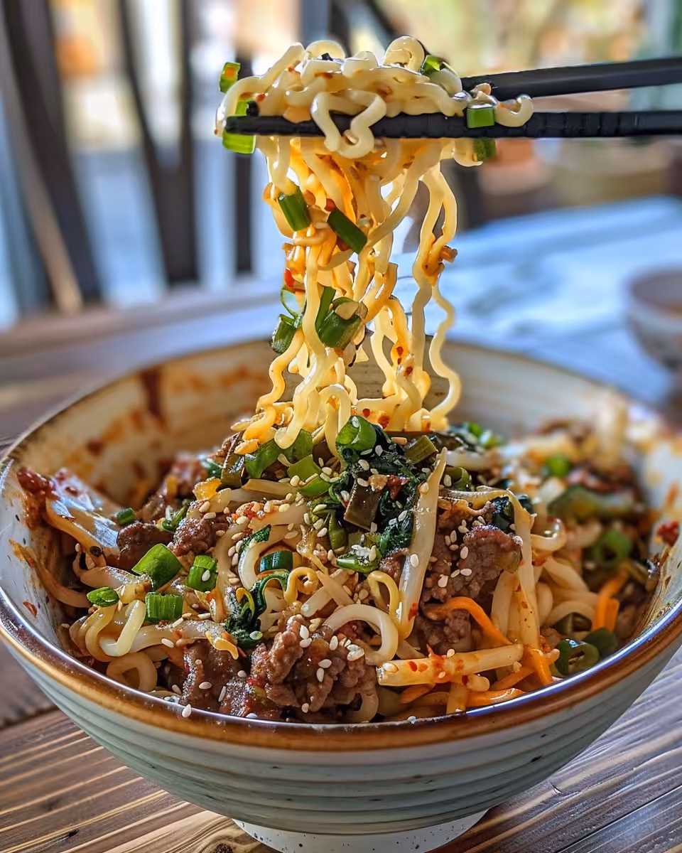 Ingredients for Korean beef noodle dish including beef chuck and spices