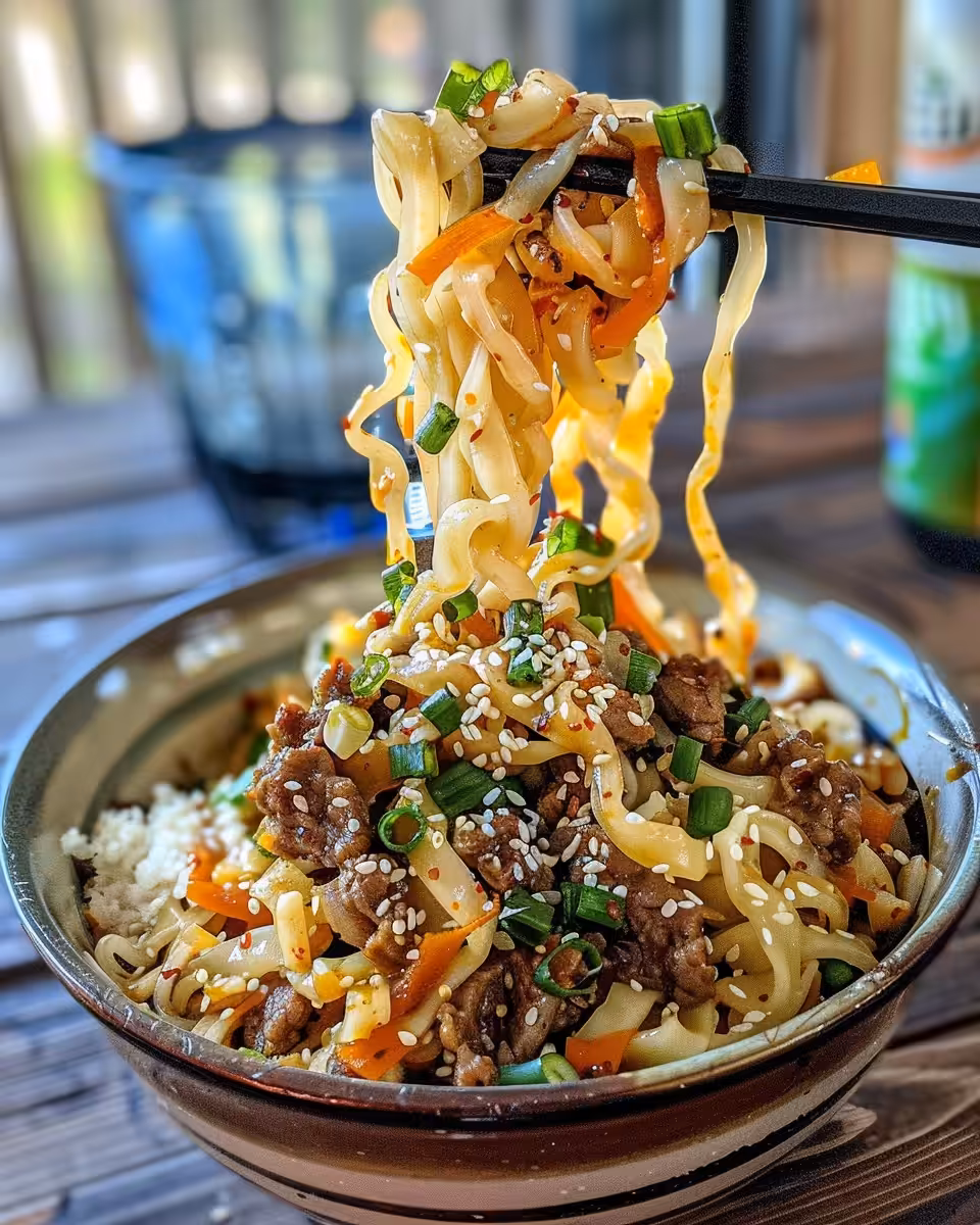Serving of Korean beef noodles garnished and ready to eat