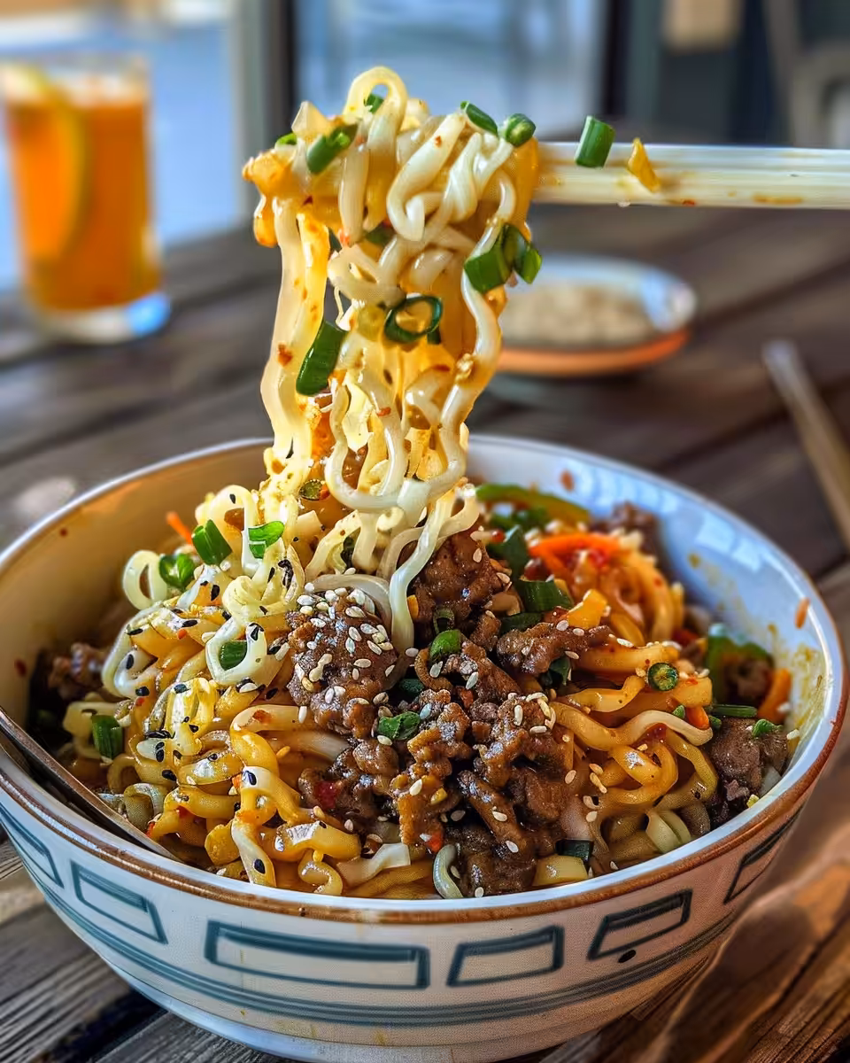 Pressure cooker with Korean beef noodles simmering inside