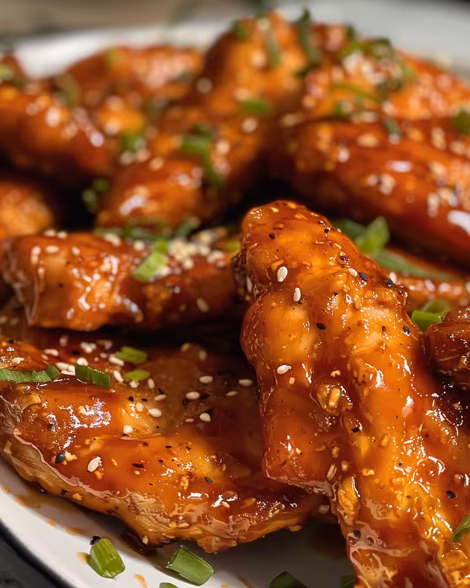 Delicious Korean sticky chicken served with scallions and sesame seeds