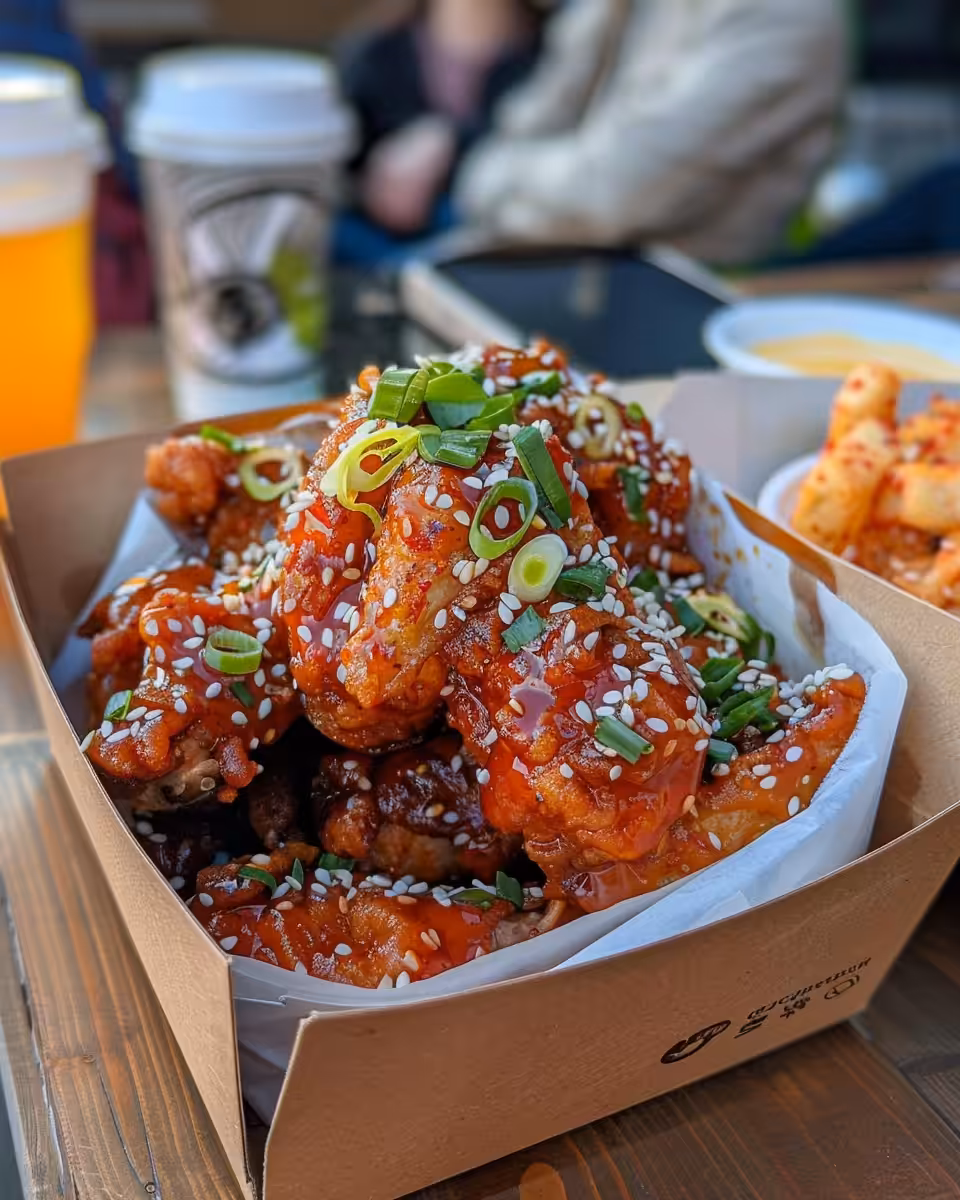 Close up of sauced Korean fried chicken wings ready to eat