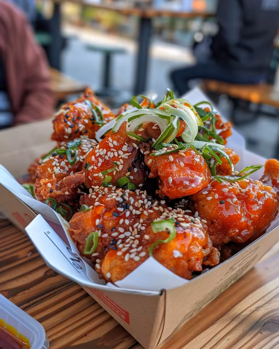 Pressure cooker releasing steam, ready for Korean fried chicken