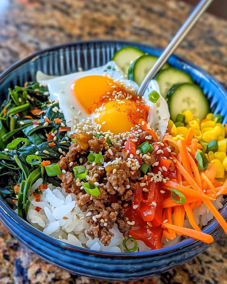 Close up of final Korean ground beef bowl with tender beef and fresh veggies