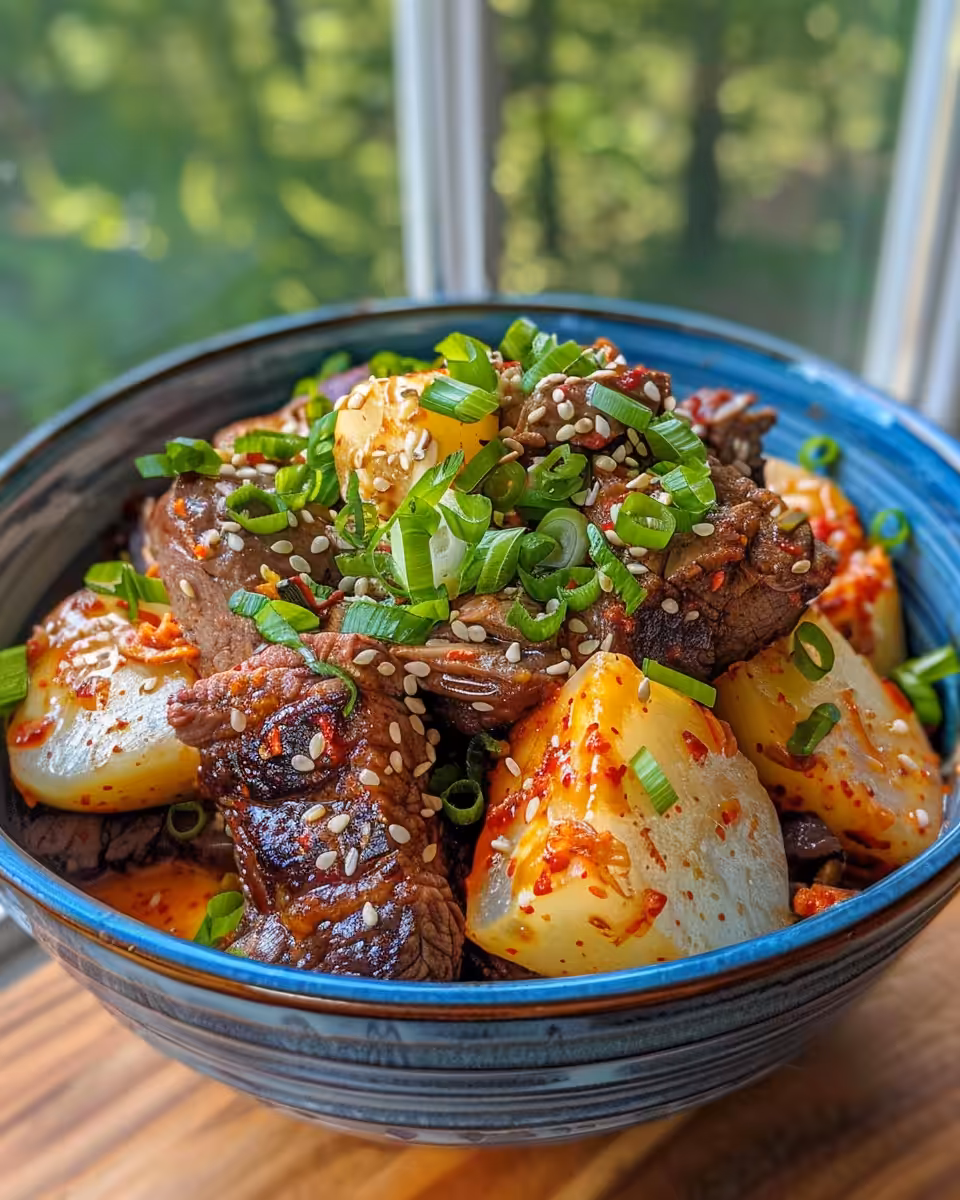 A steaming pot roast with rich sauce in a pressure cooker ready to be served