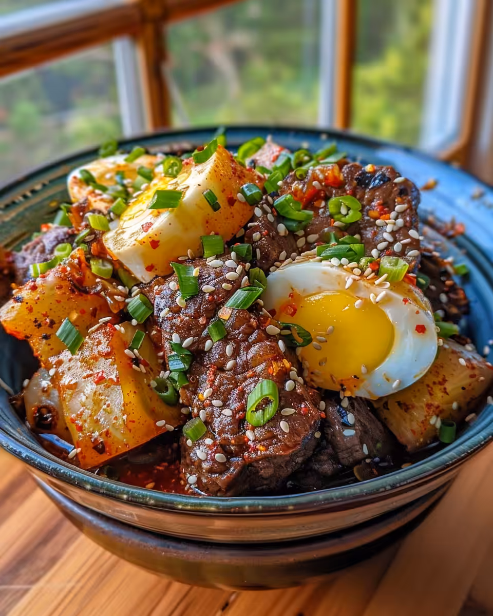 Shredded Korean-style pot roast ready to be served with rice and veggies
