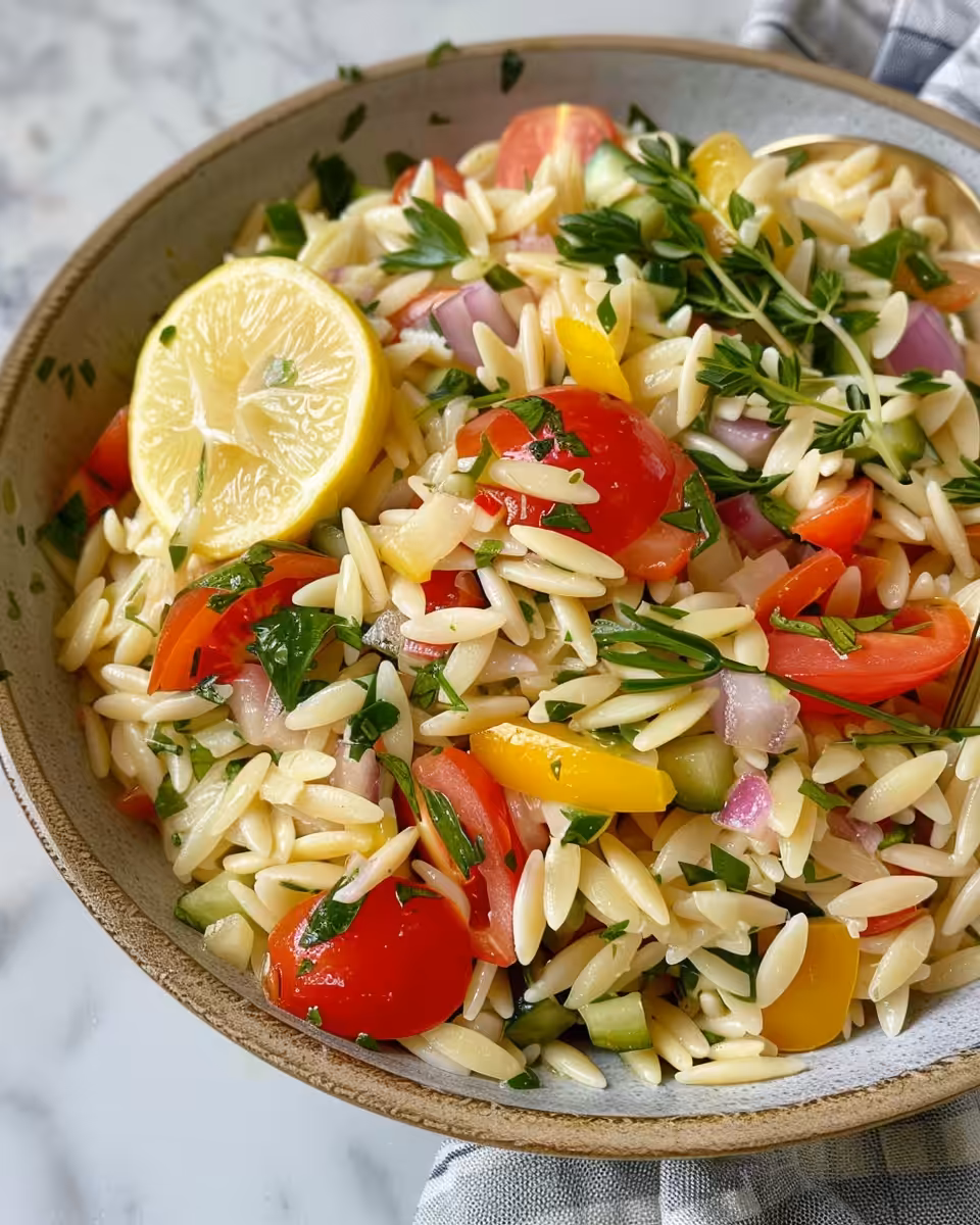 Fresh ingredients for lemon orzo pasta salad including bell pepper, feta, cucumber, herbs