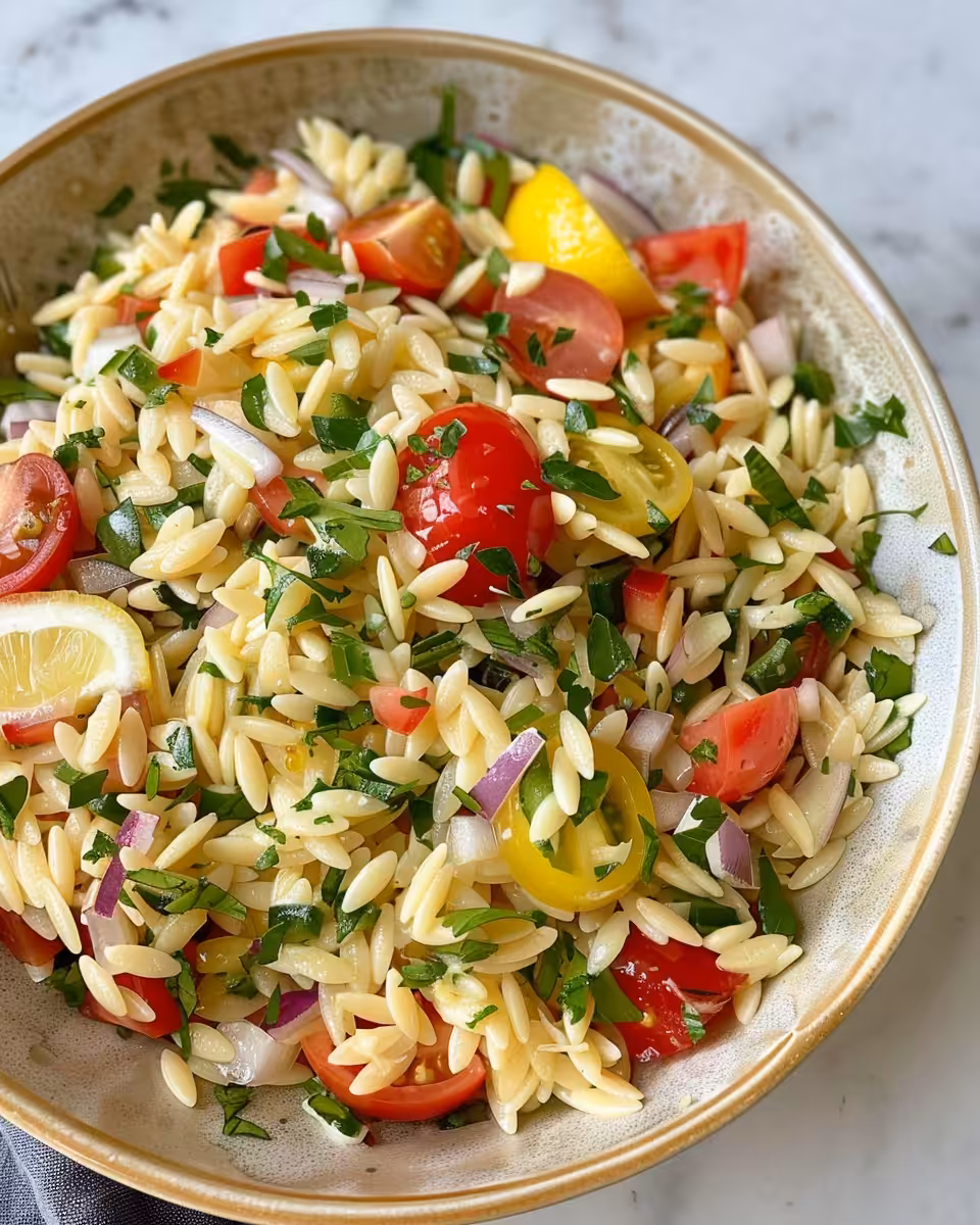 Fresh lemon orzo pasta salad cooking in pressure cooker