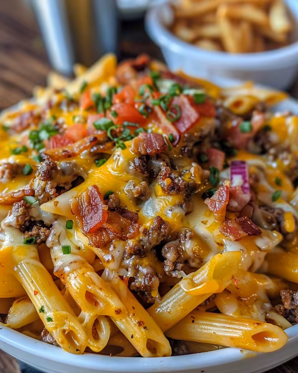 Ingredients for bacon cheeseburger pasta including bacon, onions, beef and pasta