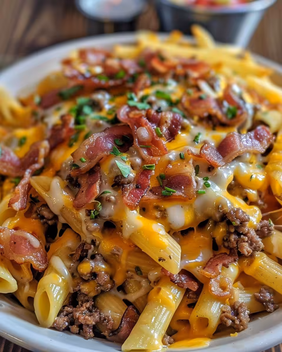 Finished loaded bacon cheeseburger pasta served with melted cheese and bacon on top