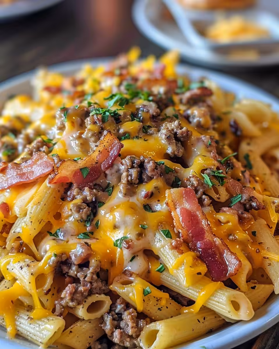 Loaded bacon cheeseburger pasta steaming in pot with melted cheese