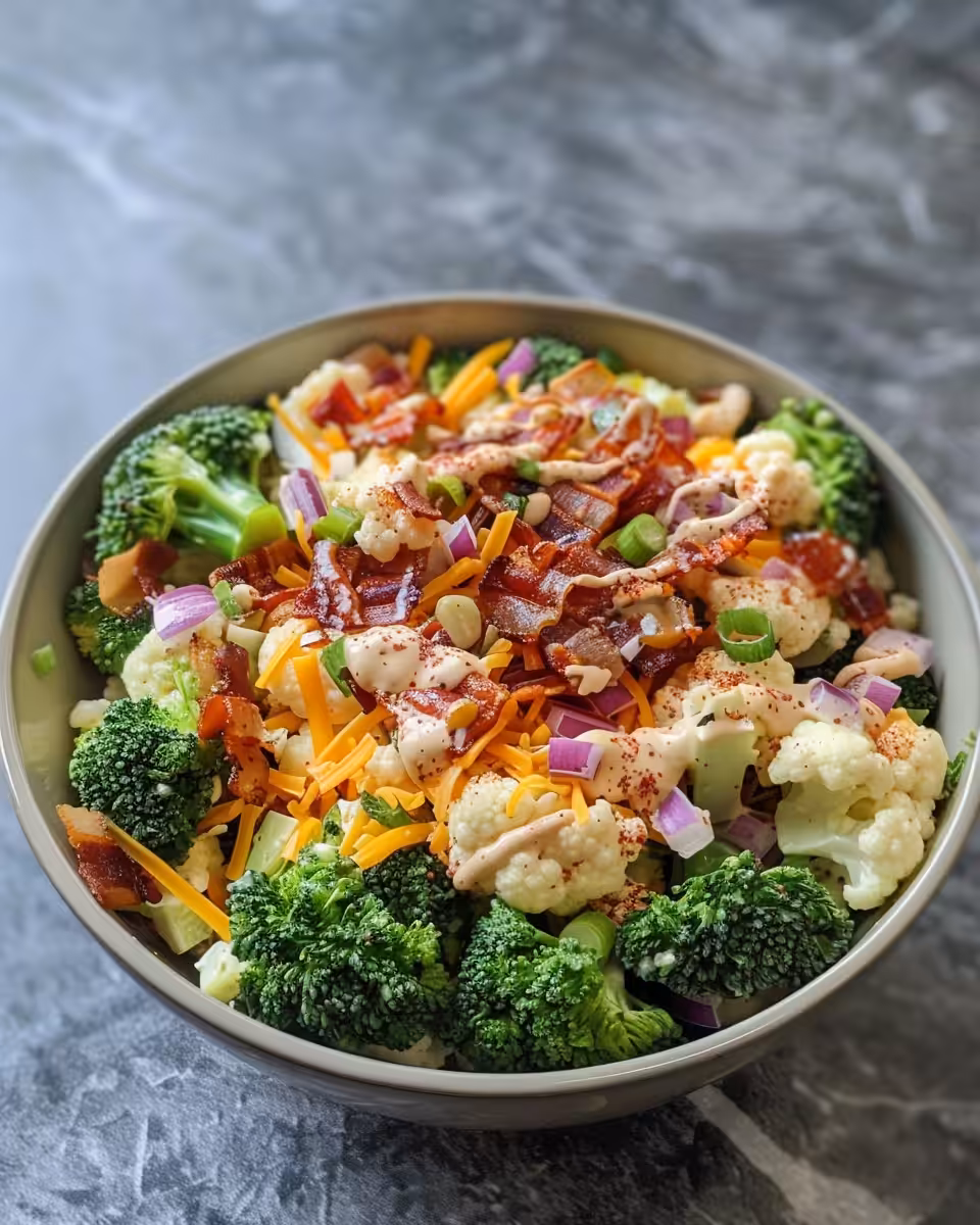 Ingredients for broccoli cauliflower salad including bacon and pecans