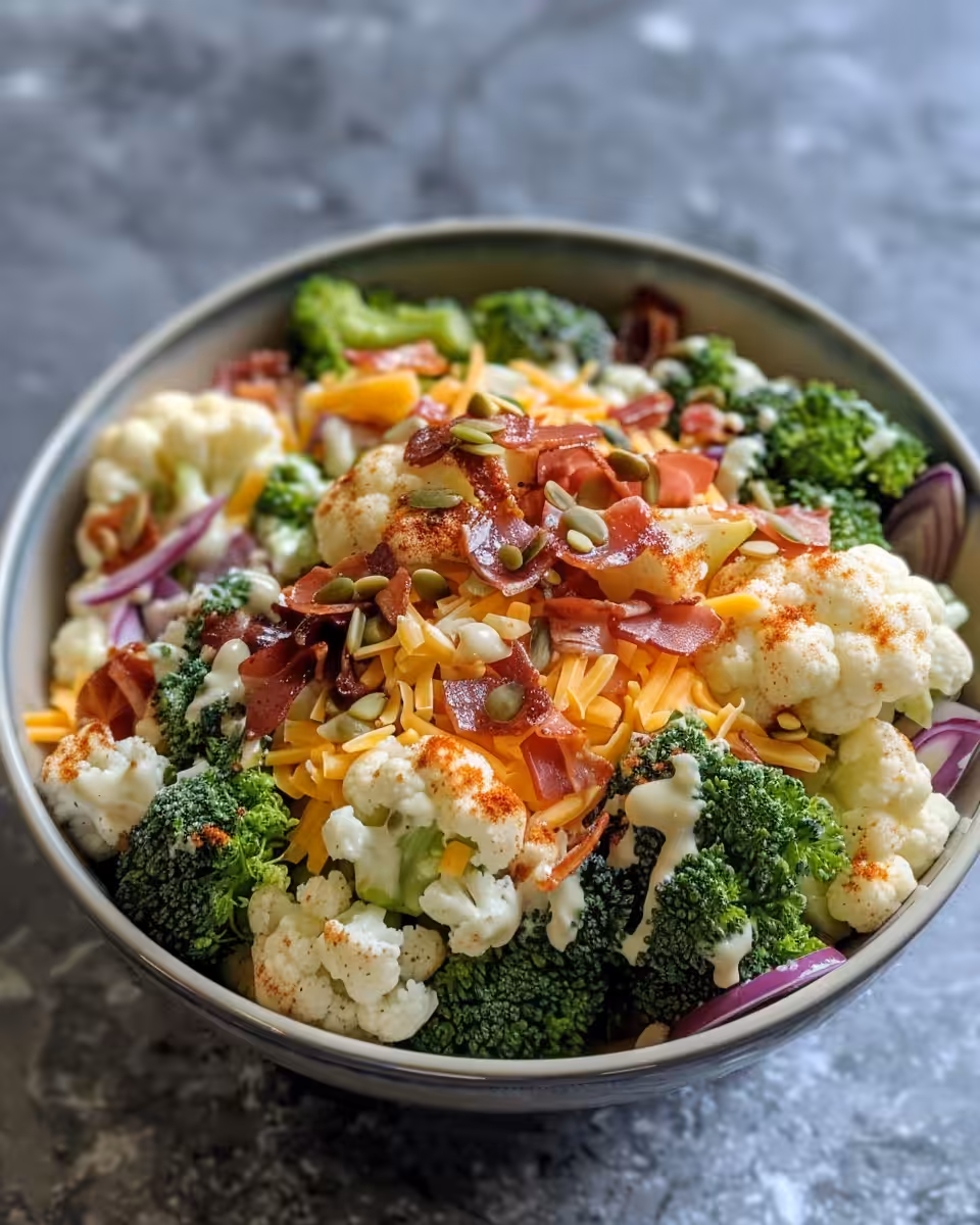 Serving bowl of finished broccoli cauliflower salad with bacon and pecans