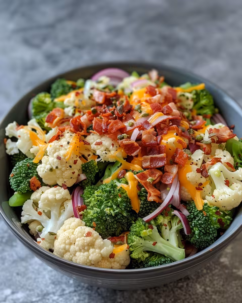 Loaded broccoli cauliflower salad with bacon vibrant and fresh
