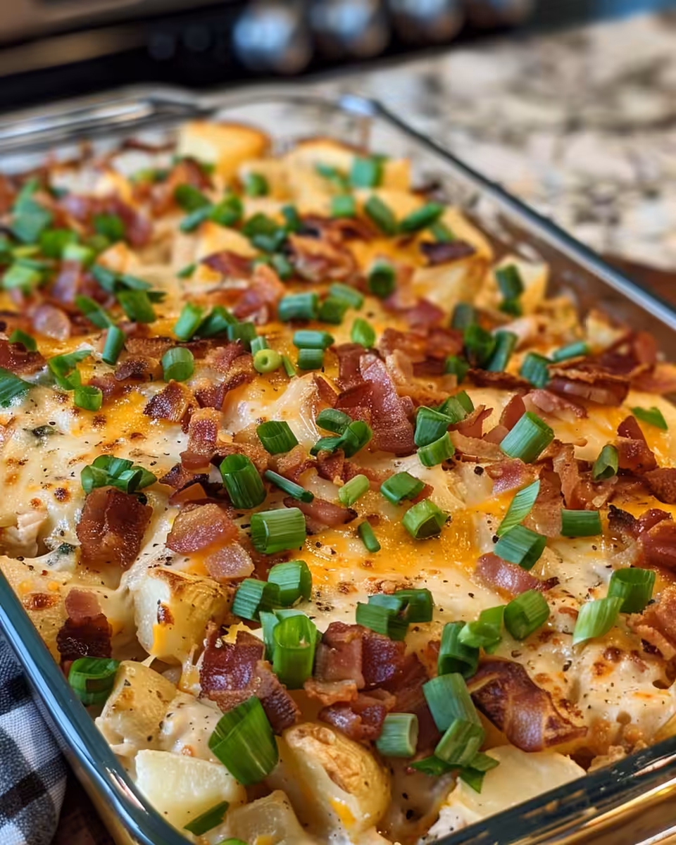 Final loaded chicken and potato casserole ready to eat