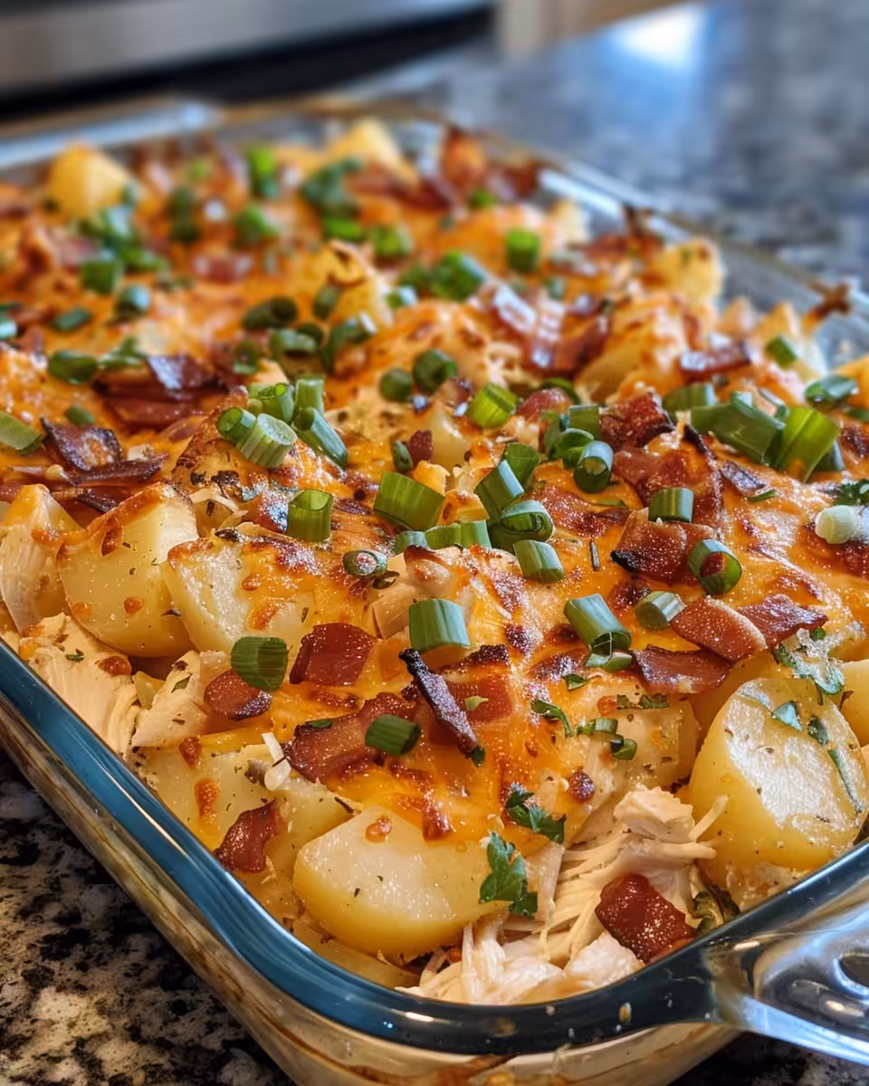 Loaded chicken and potato casserole beginning to cook