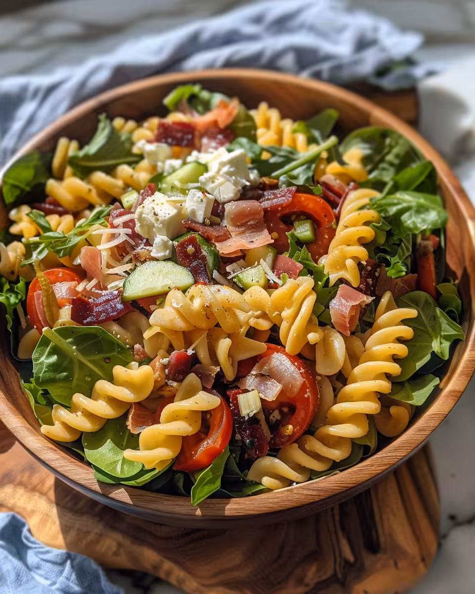 Finished Cobb pasta salad ready to be served on a plate