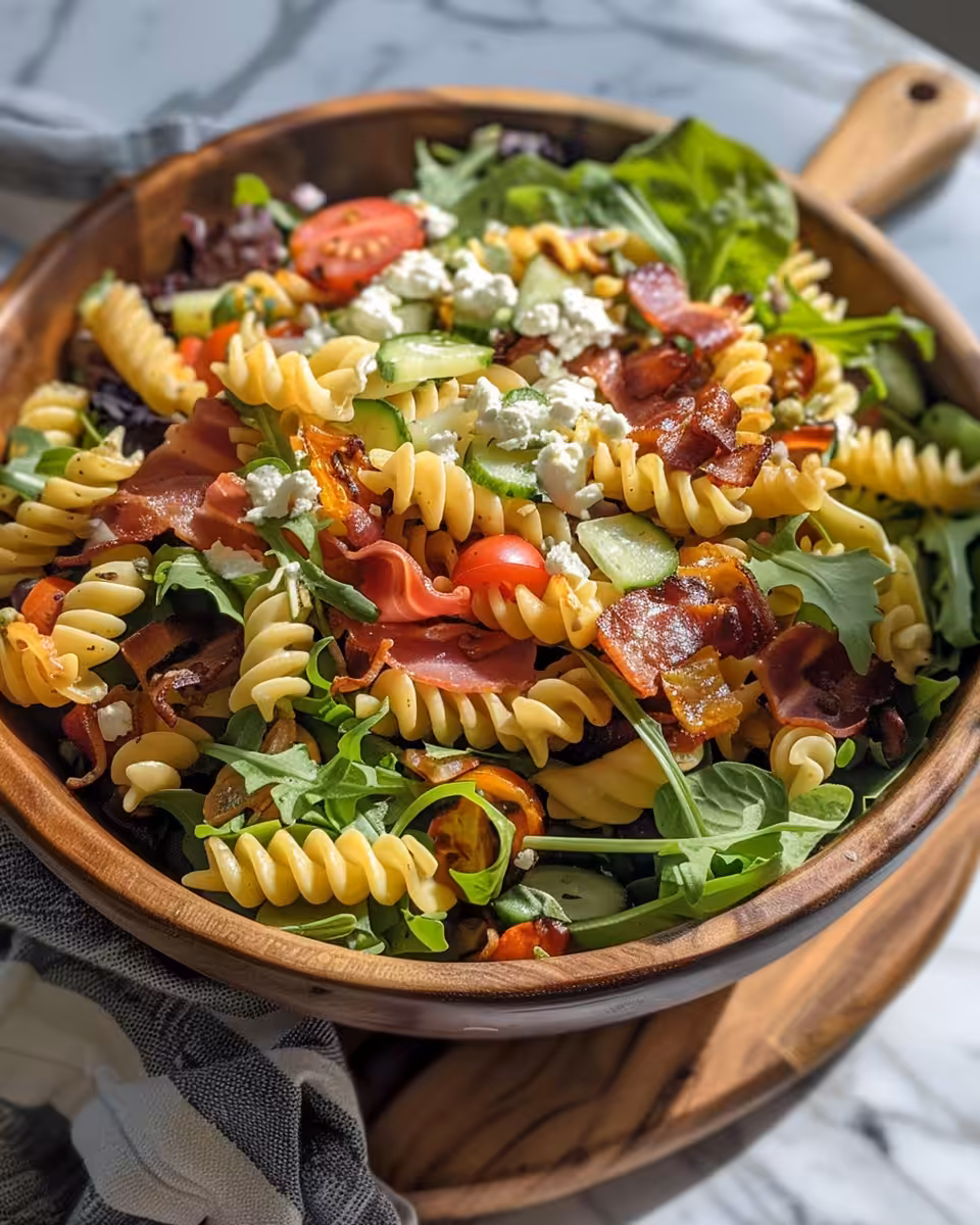 Delicious loaded Cobb pasta salad fresh out of the pressure cooker