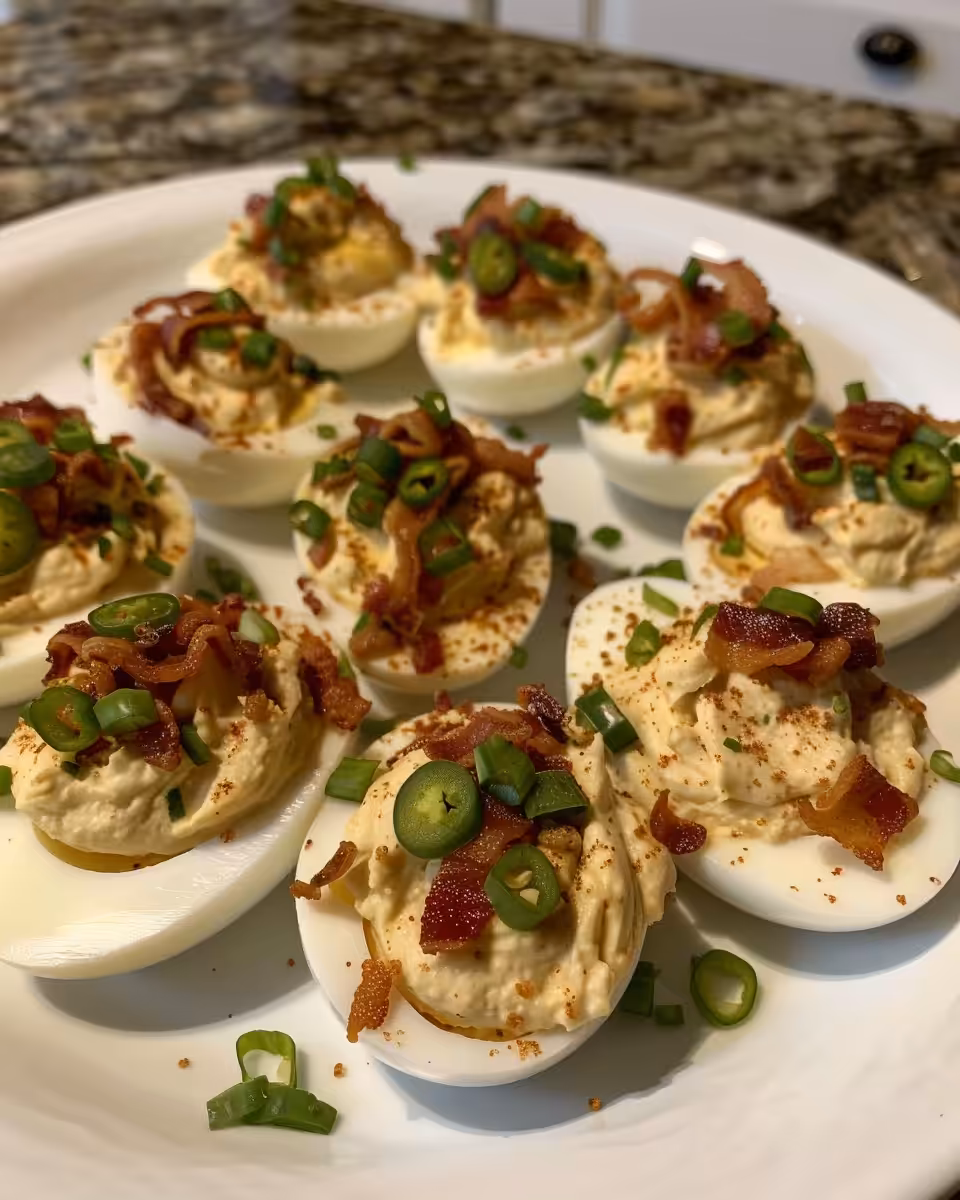 Final plated Bacon Jalapeno Deviled Eggs ready to enjoy