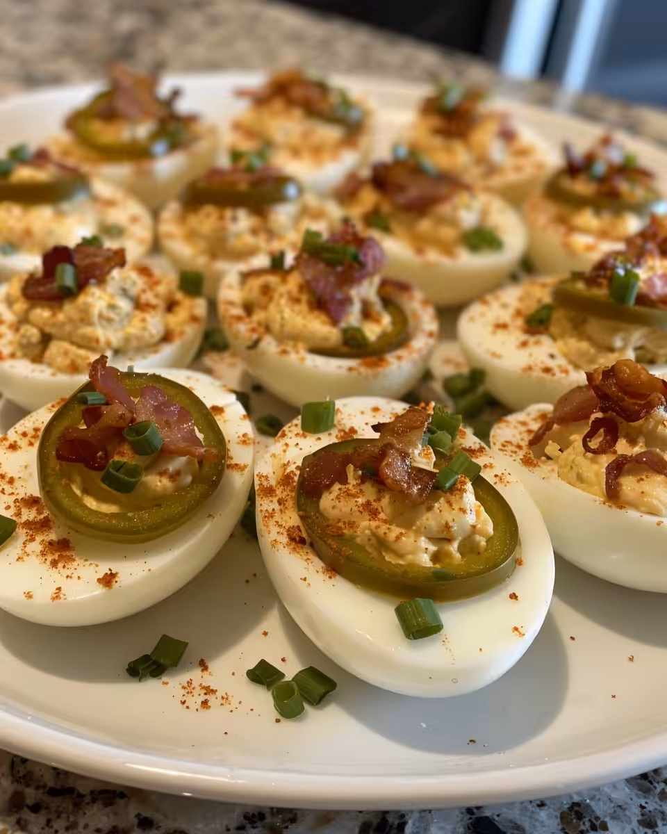 Bacon Jalapeno Deviled Eggs fresh and ready to serve