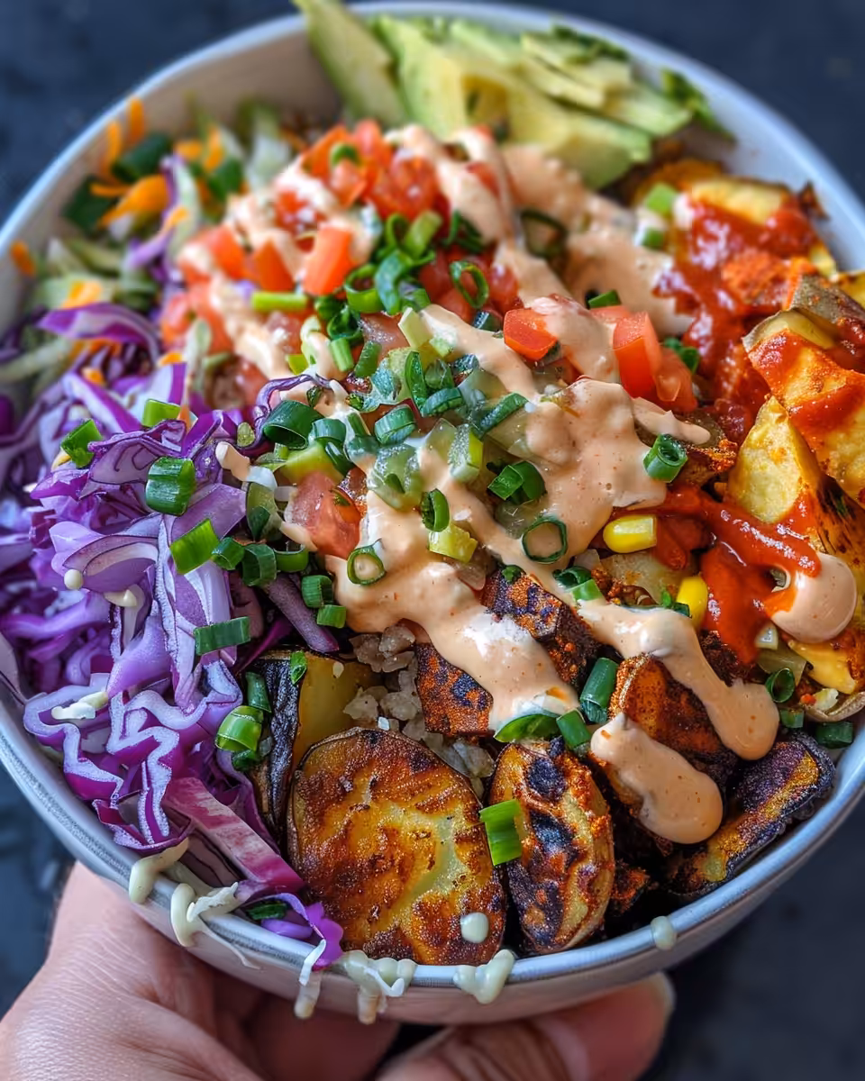 Assembled pressure cooker beef and sweet potato taco bowl ready to serve