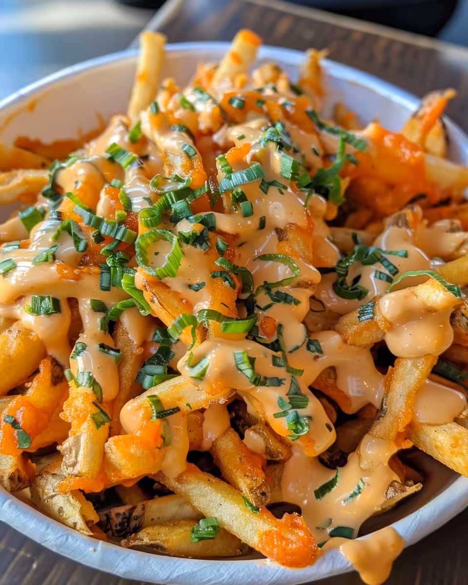 Serving of finished Louisiana Voodoo fries with cheesy sauce and ranch drizzle