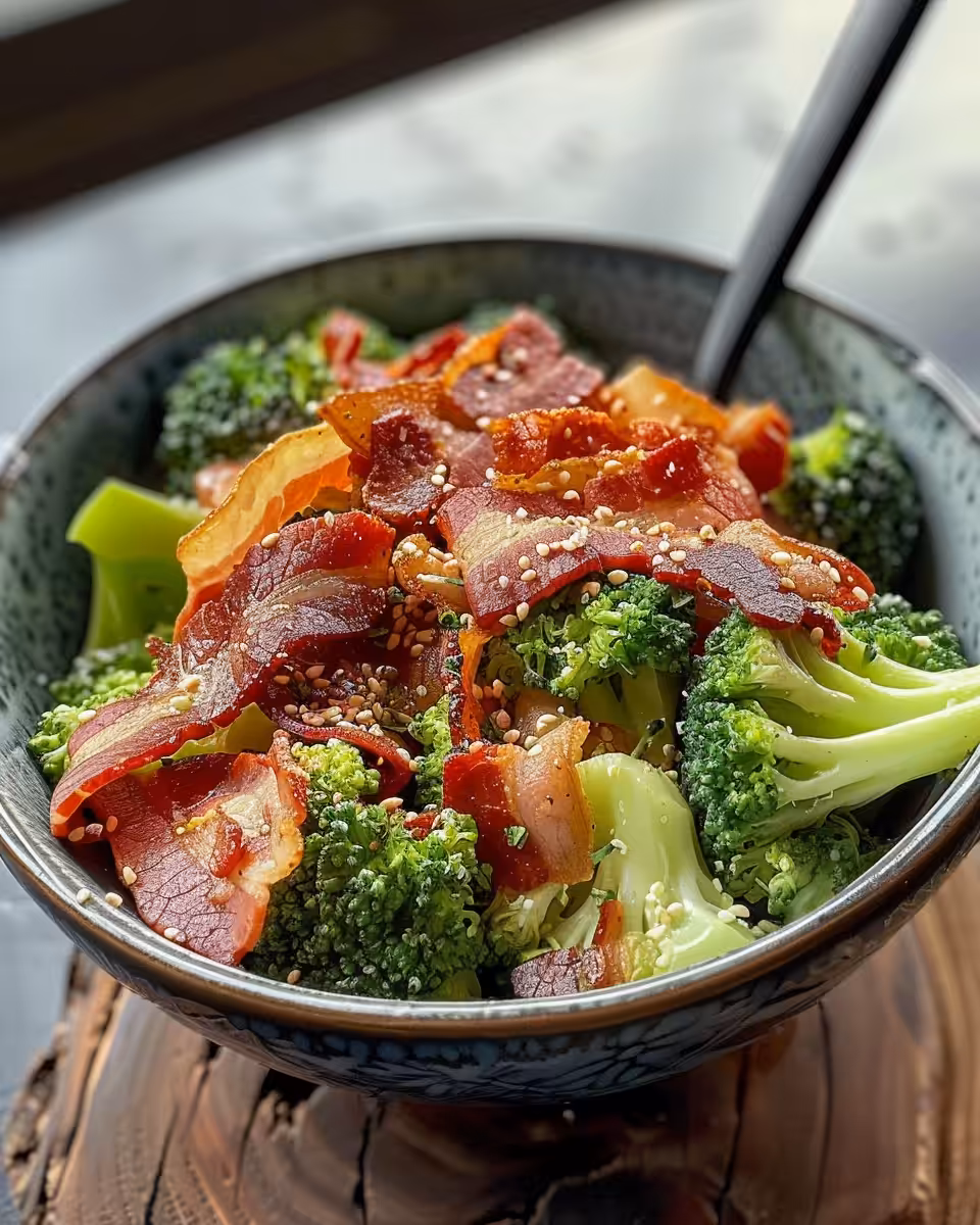 Final served broccoli salad with creamy ranch dressing and bacon