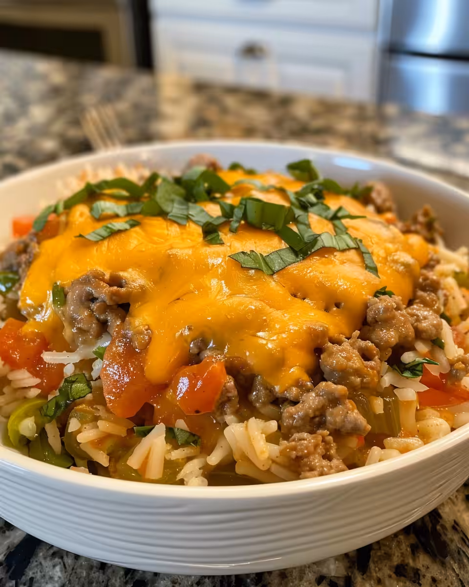 Ingredients including ground beef, rotini, cheese, pickles, and tomato in bowls