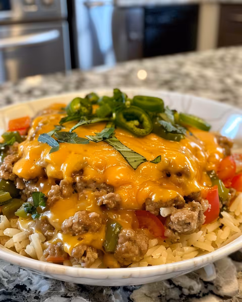 Baked golden cheeseburger casserole in a 9x13 dish, ready to serve