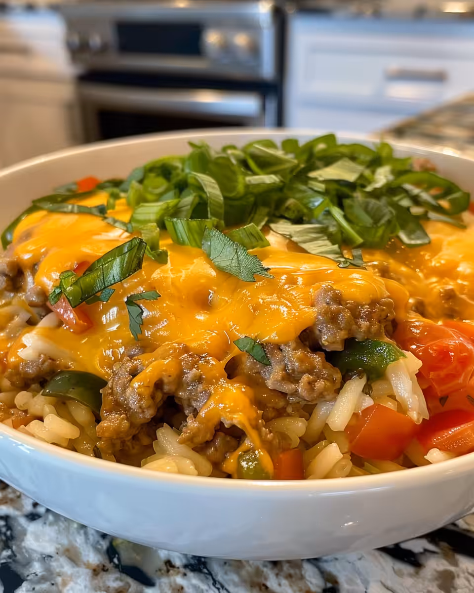 Pressure cooker cheeseburger casserole cooking inside pot with steam