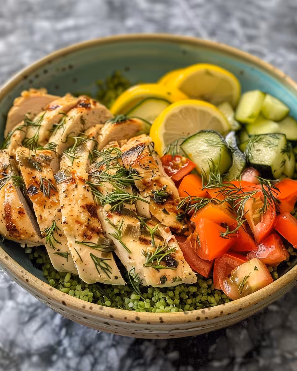Fresh lemon dill chicken bowl steaming hot in a bowl