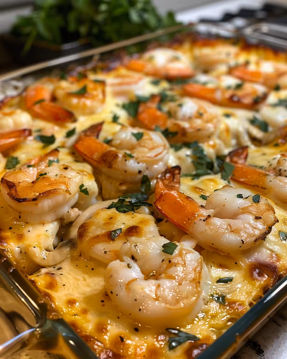Finished creamy shrimp Tuscan bake ready to serve