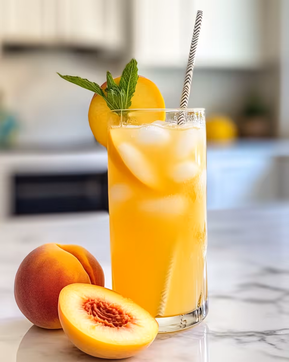 Ingredients for peach lemonade including lemon juice, peach nectar, sugar and fresh thyme