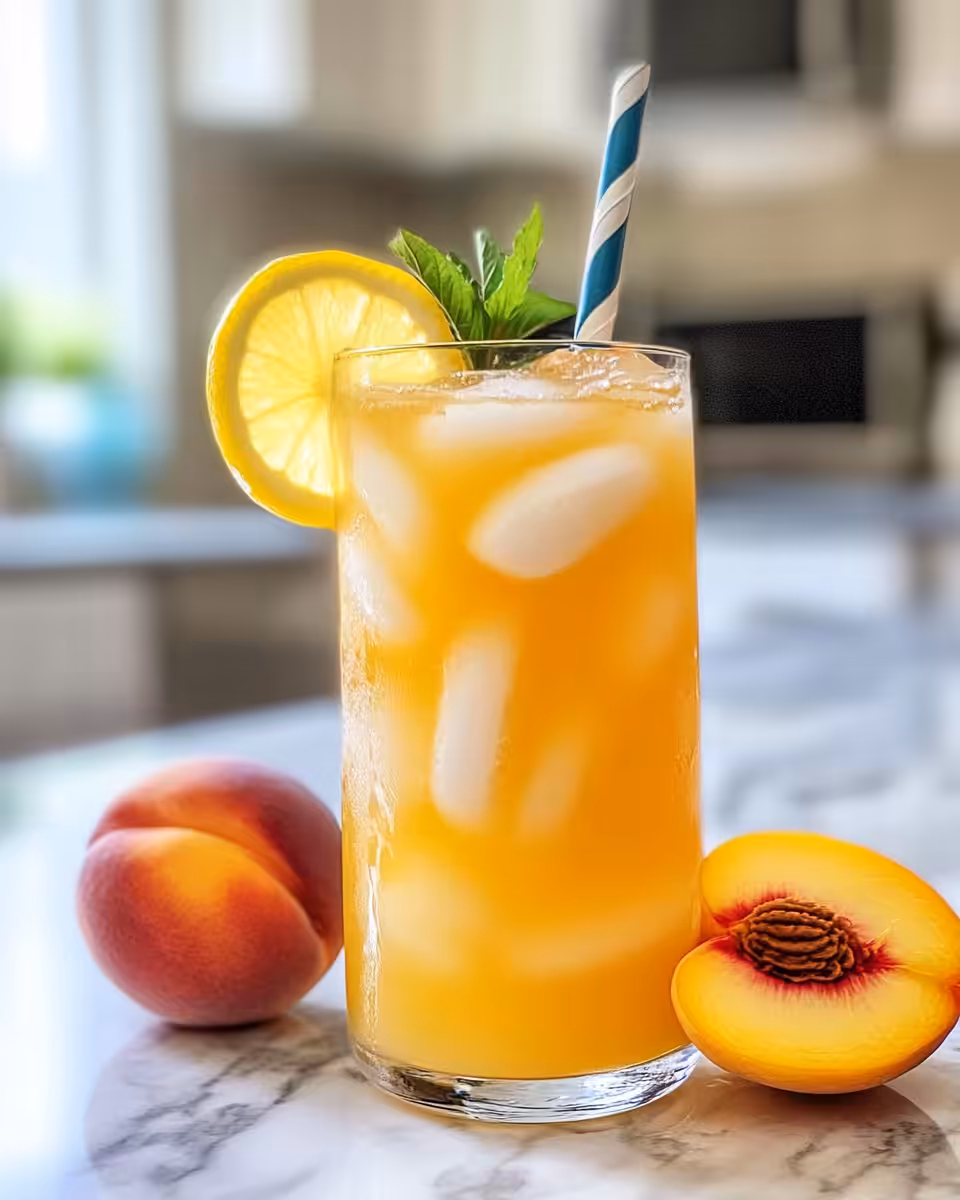 Glass of chilled peach lemonade garnished with fresh thyme and lemon slice
