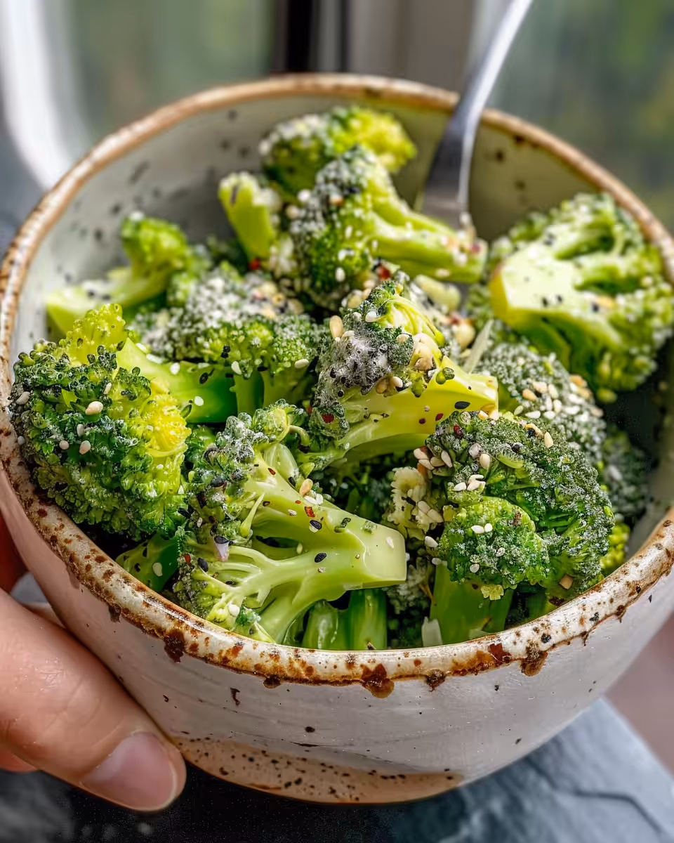 Freshly marinated broccoli salad served in a white bowl, ready to eat