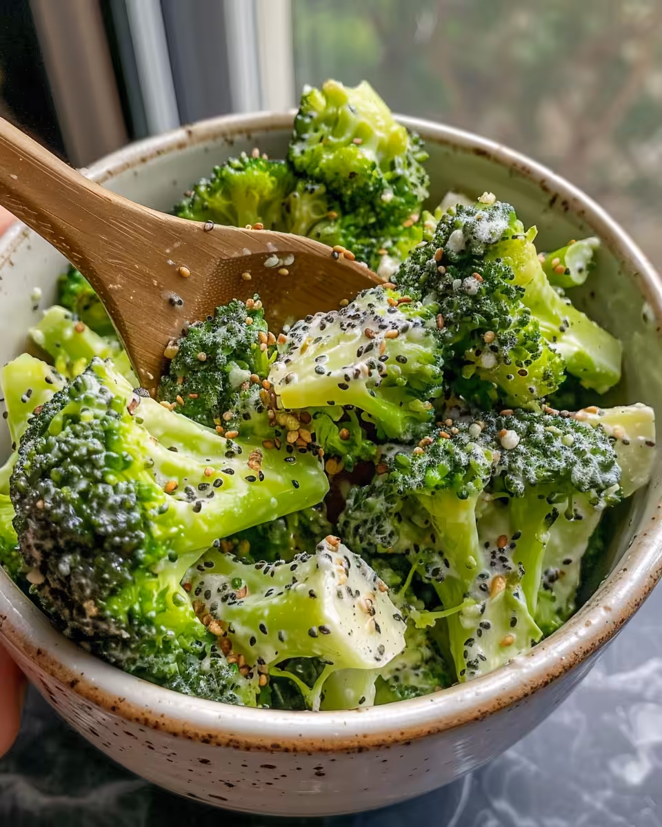Fresh marinated broccoli salad in a bowl, vibrant green and tangy
