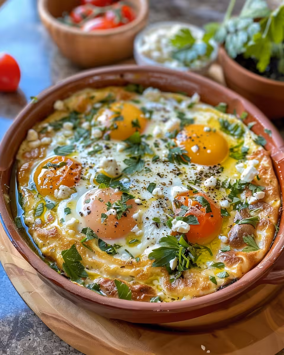 Ingredients laid out for baked eggs with tomatoes and feta cheese