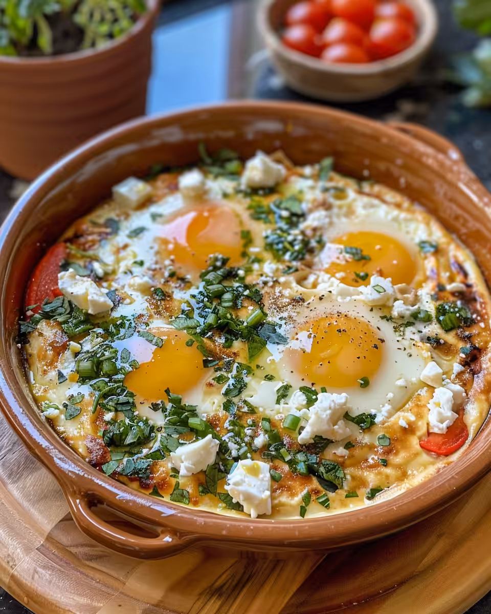 Close-up of final Mediterranean baked feta eggs served on plate