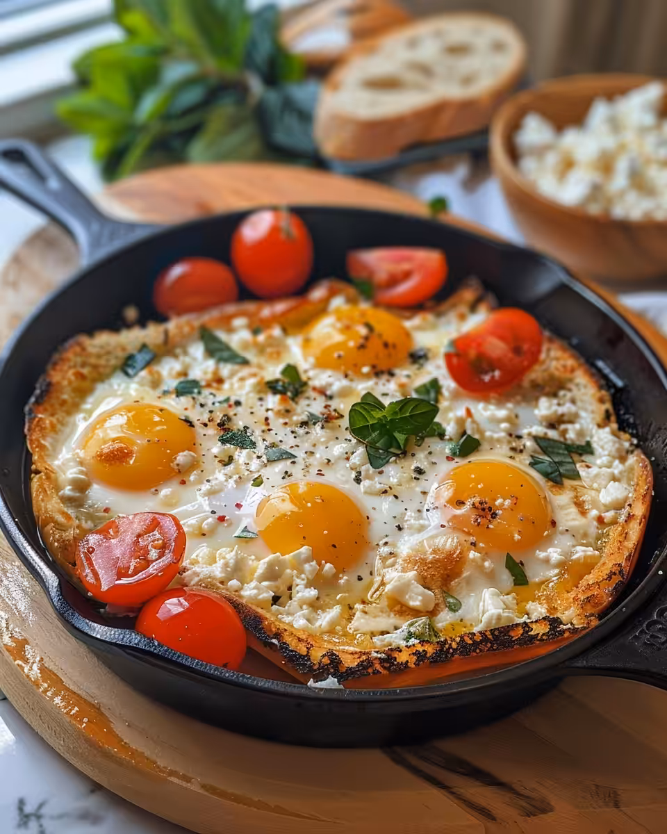 Mediterranean baked feta eggs fresh out of the oven with vibrant colors and steam