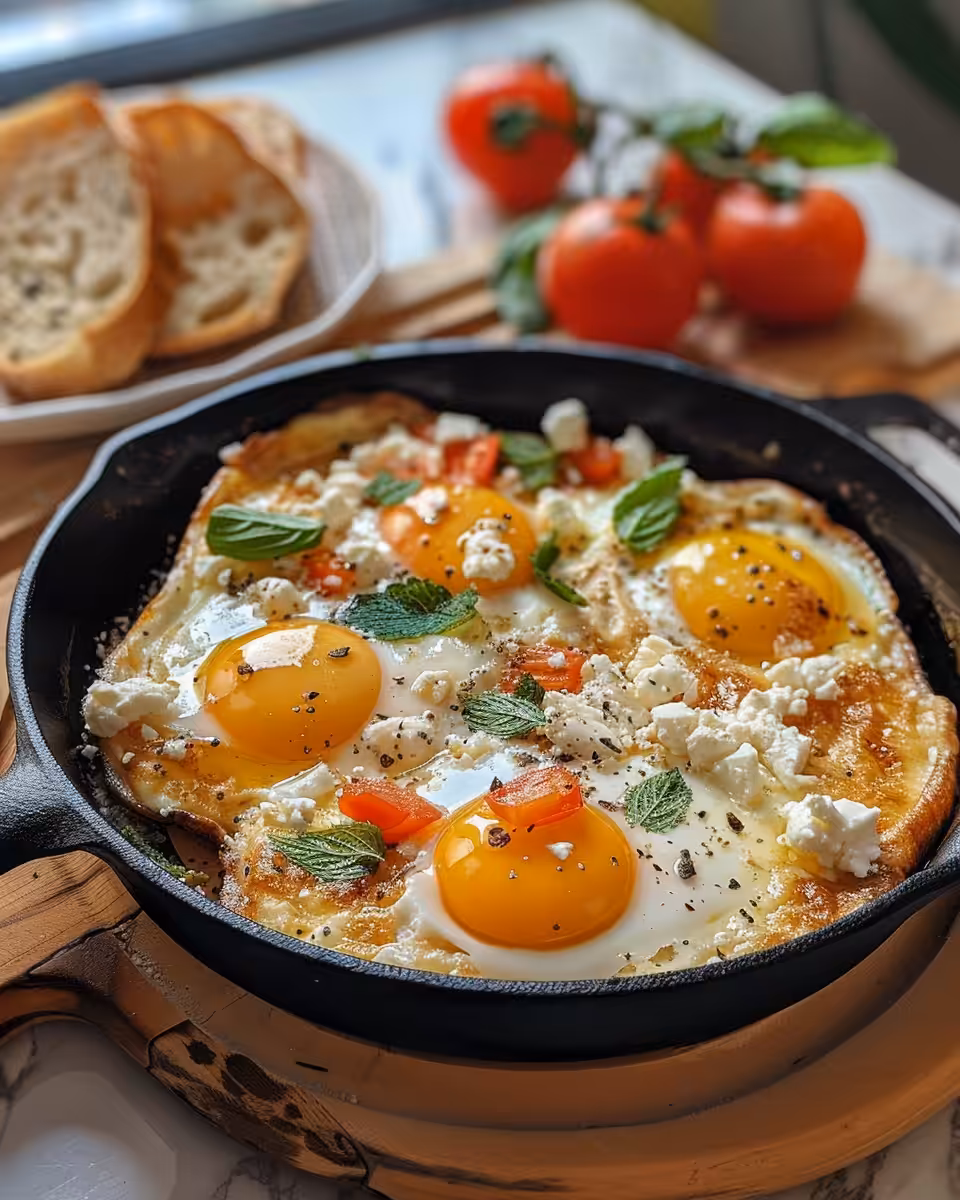 Ingredients for Mediterranean baked feta eggs including tomatoes, feta, eggs, and oregano