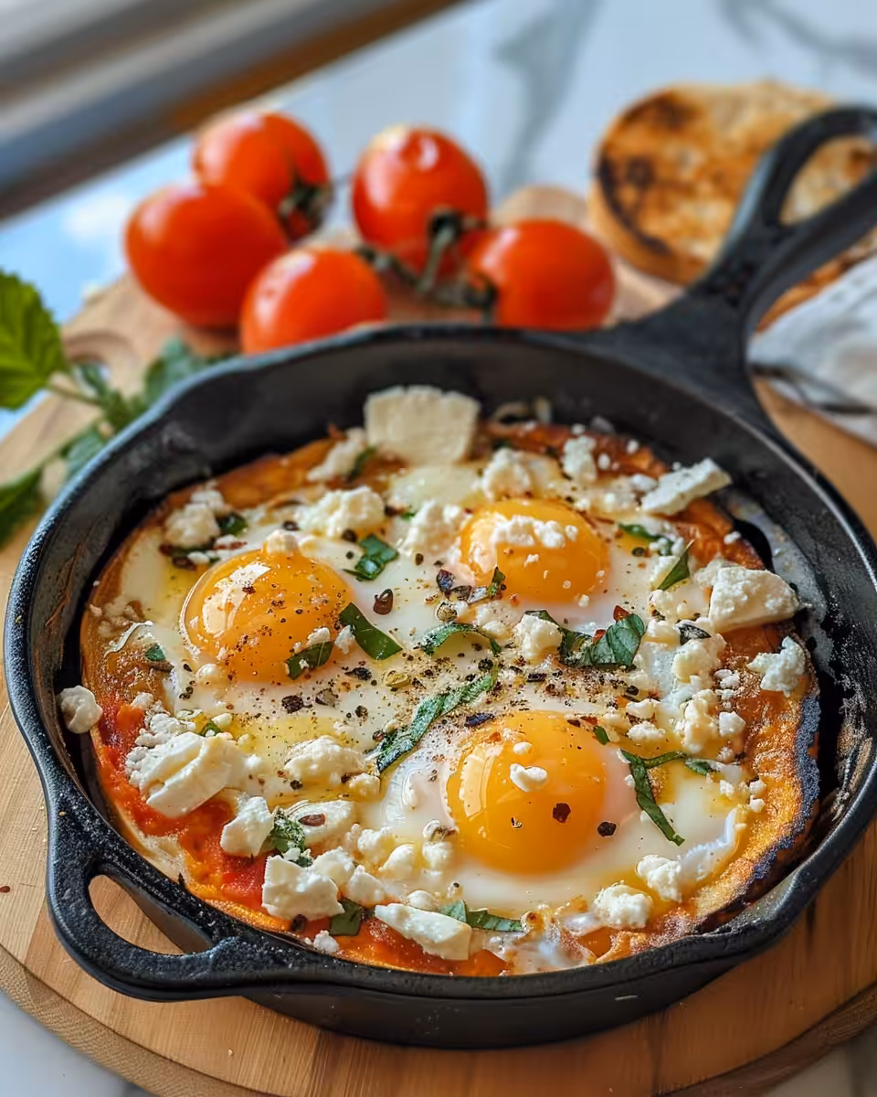 Plated Mediterranean baked feta eggs showing golden baked edges and vibrant yolks