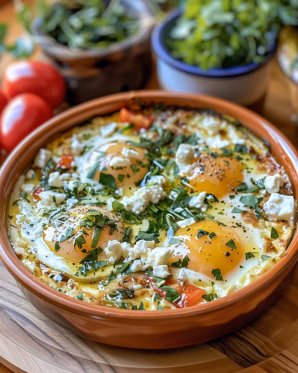 Steam rising from Mediterranean baked feta eggs in pressure cooker