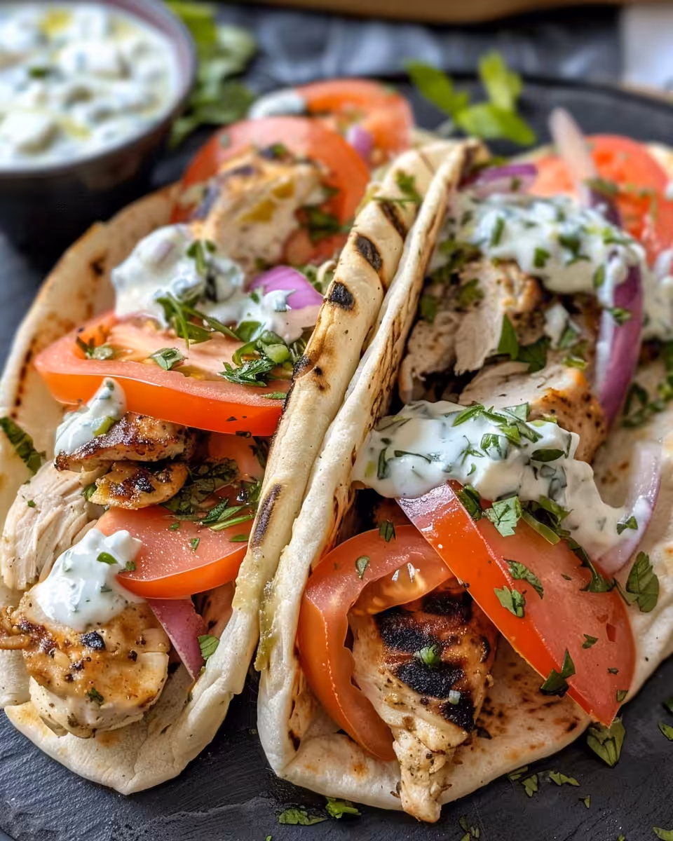 Ingredients for Mediterranean chicken gyros including cucumbers, feta, and pita bread