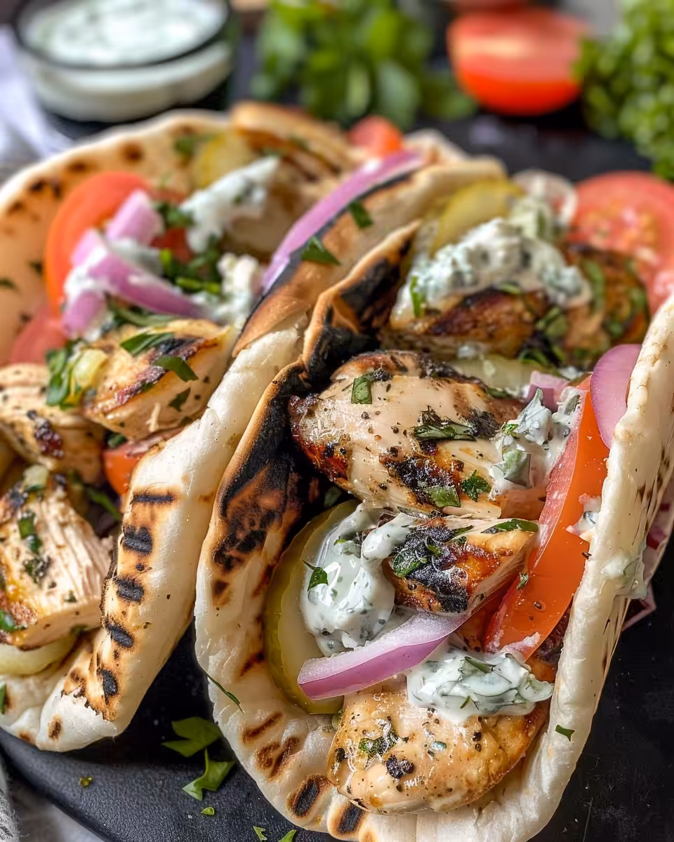 Close-up of assembled Mediterranean chicken gyro with toppings and feta cheese
