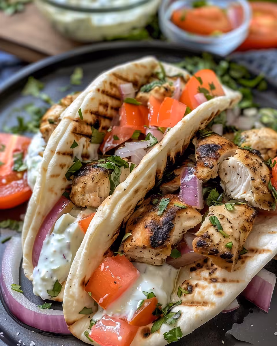 Close-up of Mediterranean chicken gyros with creamy feta tzatziki