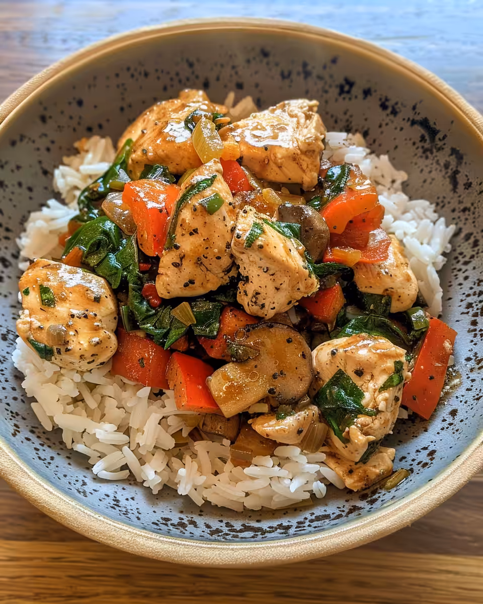 Ingredients for Mediterranean pressure cooker chicken with lemon rice including tomatoes, garlic, and spinach