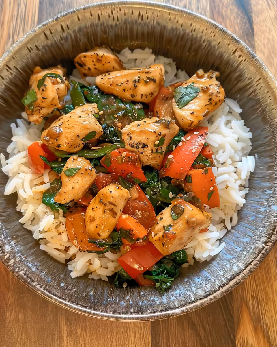 Final plated Mediterranean chicken with lemon rice and garnishes ready to eat